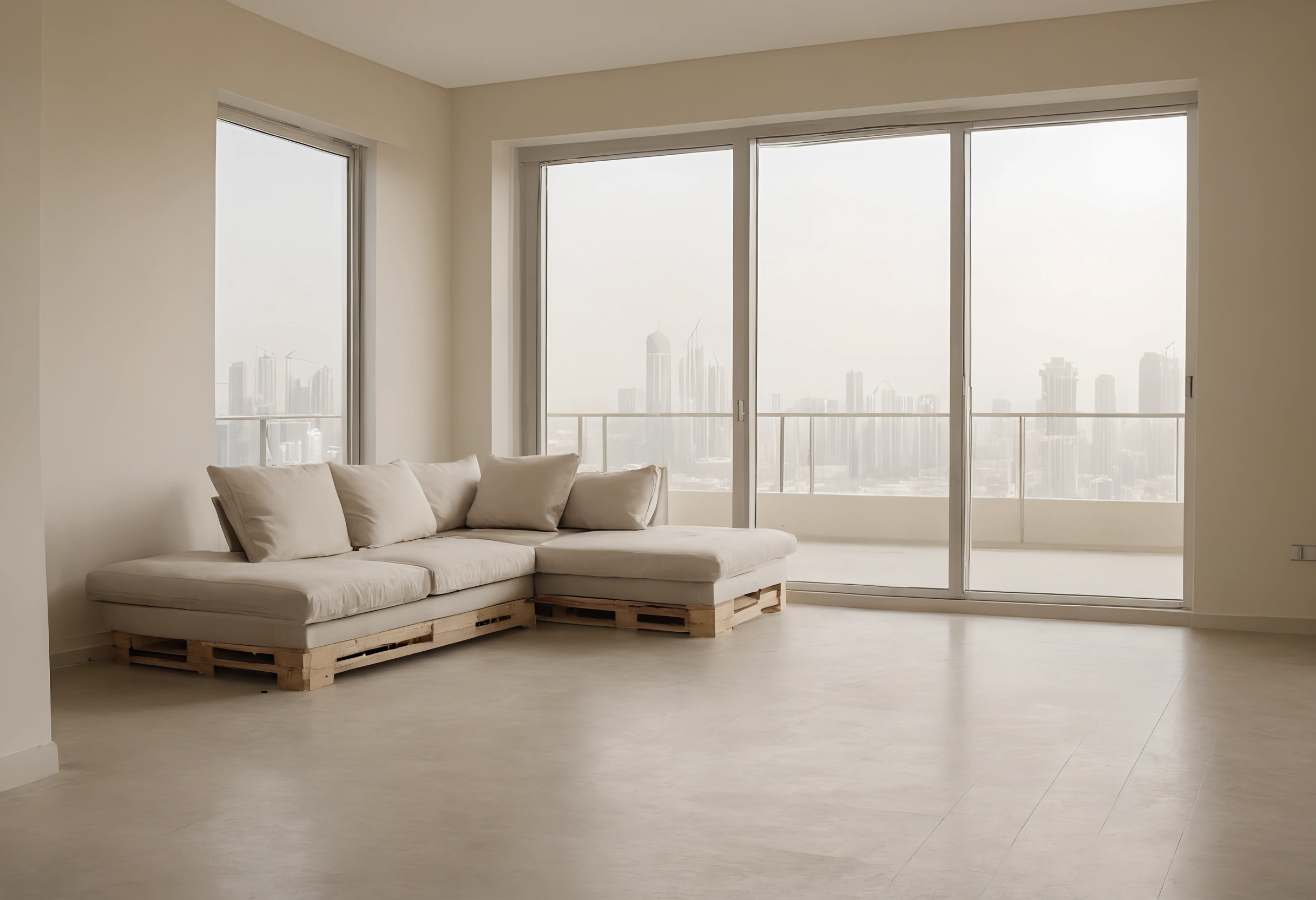 Empty tower apartment on moving day with a sofa still on timber pallets by the balcony doors and a hazy skyline