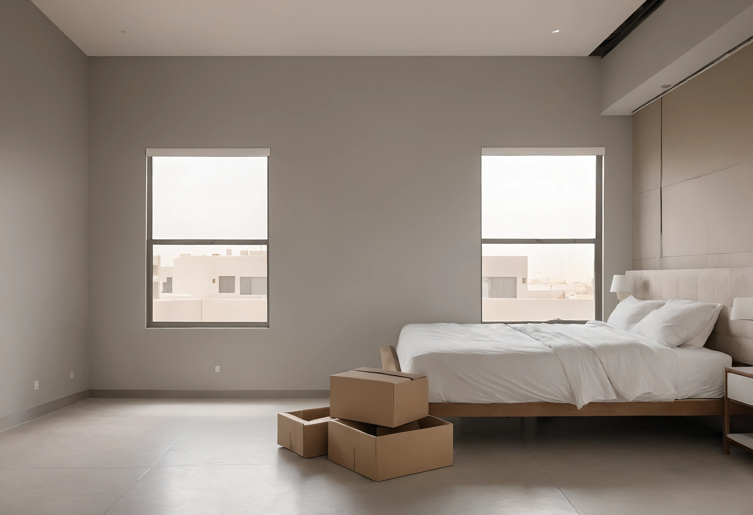 Bedroom with a made bed and open cardboard boxes on the floor by two windows